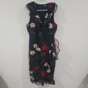 Gianni Bini Womens Midi Dress Size Large Floral Embroidered Dark Romance Ruffle